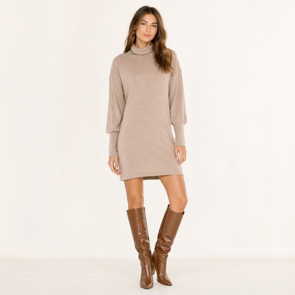 Lovers + Friends Noah Mini Dress Women's XL Taupe Knit Turtleneck Cozy Fall